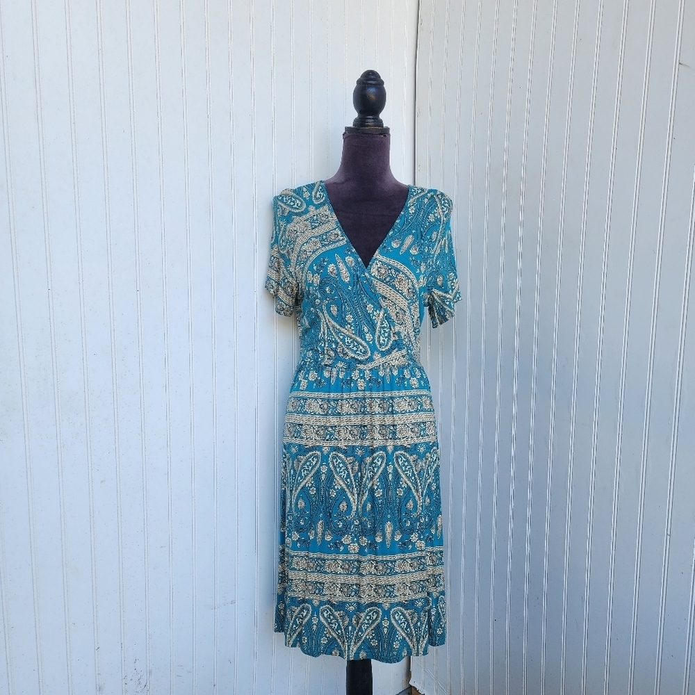 Cathy Paisley Faux Wrap Mid Dress Teal Green Soft Knit V-Neck Stretch Rayon Sz L